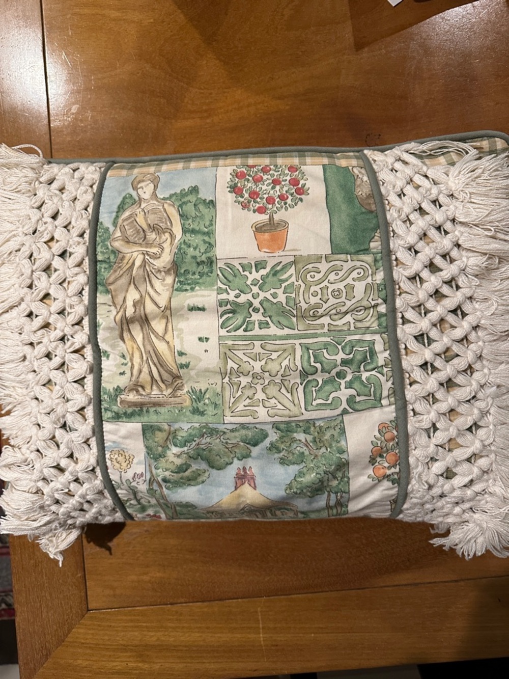 Decorative Down/Feathers Macramé Pillow with Garden Print Panel